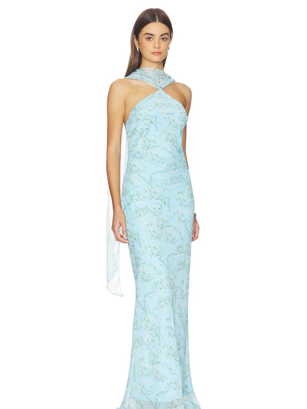 Amanda Uprichard Sky Blue Floral Cross-Neck Maxi Dress